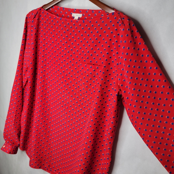 Gap Blouse Red Blue Polka Dot Lightweight Flowy Polyester Long Sleeve Boatneck L - Picture 3 of 13